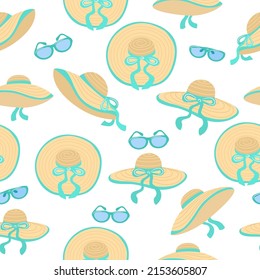 Seamless Pattern With Women Summer Hat. Vector Illustration On Theme Pattern Women Sun Hats.