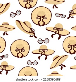Seamless pattern with women summer hat and glasses. Vector illustration on theme pattern women sun hats.