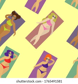 A seamless pattern with women sunbathing on the beach. 