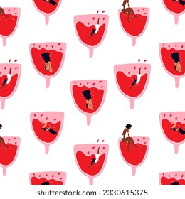 Seamless pattern with Women swim in menstrual cup. Girl having menstrual period, menstruation, premenstrual syndrome, PMS, female reproductive system