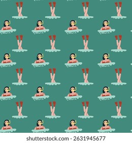 Seamless pattern of women swimming and floating on clouds.