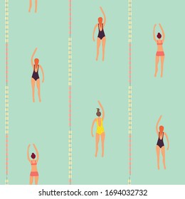 Seamless Pattern With Women, Swimming In The Swimming Pool. Sport Illustration In Retro Style. 
