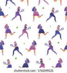 Seamless pattern with women tennis games as a concept of women in sports. Flat vector stock illustration with girls tenys isolated on white background for printing on fabric or textile