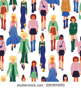 Seamless pattern. Women in trendy clothes. Fashion flat style illustration.