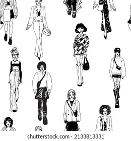 Nahtloses Muster. Frauen in trendigen Kleidern. Defile Sketch.