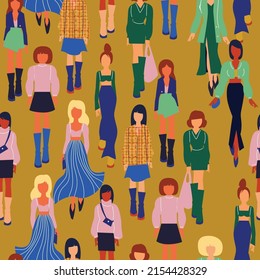 Seamless pattern. Women in trendy clothes. Fashion flat style illustration.