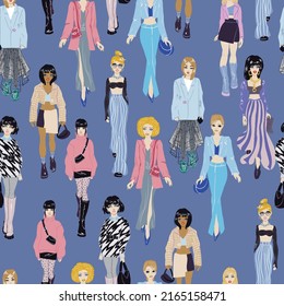 Seamless pattern. Women in trendy clothes. Fashion illustration.