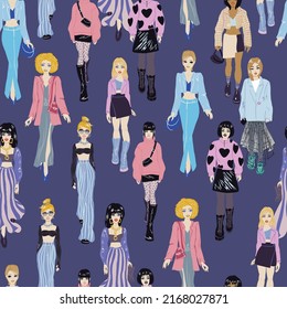Seamless pattern. Women in trendy clothes. Fashion illustration.