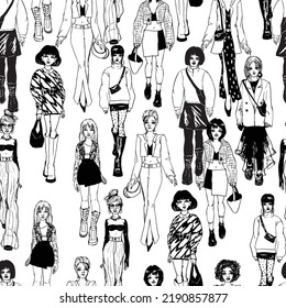 Seamless pattern. Women in trendy clothes. Defile sketch.