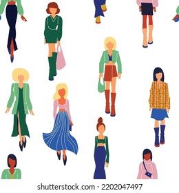 Seamless pattern. Women in trendy clothes. Fashion flat style illustration.