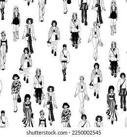 Seamless pattern. Women in trendy clothes. Defile sketch.