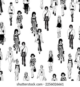 Seamless pattern. Women in trendy clothes. Defile sketch.