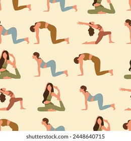 Seamless pattern with women in various yoga poses. Healthy lifestyle and yoga concept.Vector illustration EPS 10 