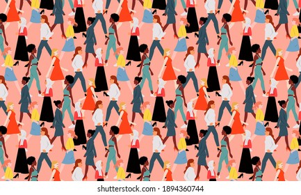 Seamless pattern of women walking. Crowded people of different color together. Flat style international women's day background banner.