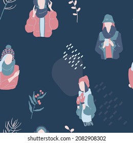 Nahtloses Muster mit Frauen in Winterkleidung mit Kiefern, Blättern, Beeren und Fichte. Handgezeichnet. Vektorgrafik für Winterschmuck.