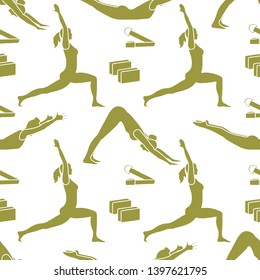 Seamless pattern with women in yoga poses, blocks, belt for yoga. Relax and meditate. Healthy lifestyle. Balance training. Design for banner and print.
