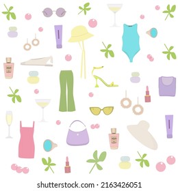 Seamless pattern of women's accessories, clothes, shoes and other on a white background. Fashionable design for banners, fabric, paper, decor and other users.