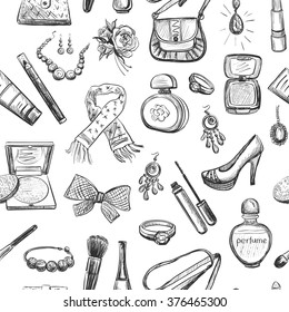 Seamless pattern of women's accessories and cosmetics. Hand drawn