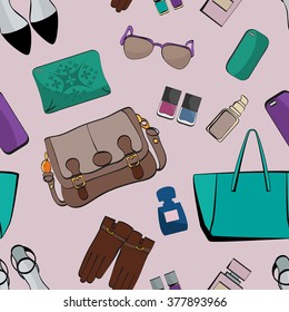 seamless pattern of women's accessories and cosmetics. sunglasses, phone, shoes,handbag, gloves. accessories for pretty woman. bright colors. flat vector illustration.