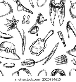 Seamless pattern with women's accessories, jewelry, hair clips, women's shoes, hat, bag, etc. Black and white vector graphics made by hand. Illustration on a white background. For packages and labels.