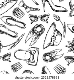 Seamless pattern with women's accessories, jewelry, hair clips, women's shoes, hat, bag, etc. Black and white vector graphics made by hand. Illustration on a white background. For packages and labels.