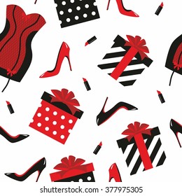 seamless pattern with women's accessories - shoes, corset, boxes and lipstick 
