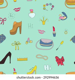 Seamless pattern with women's accessories and stuffs