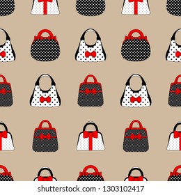 Seamless pattern of womens accessories vintage style. Hand bags are red, black and white with a bow. For textiles, packaging, website. Vector illustration