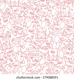 Seamless pattern womens accessories. Wallpaper womens clothes and makeup in doodle style
