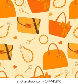 Seamless pattern with  women's bags and accessories in in orange color