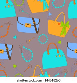 Seamless pattern with women's bags and accessories in blue color