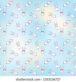 Seamless pattern. Women's bodysuits on a delicate multicolored background. Summer pattern. Nautical theme. Layered vector file. For a variety of design and decor.