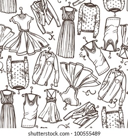 Seamless pattern of women's clothing sketches. Vector ink hand drawn background