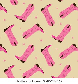 Seamless pattern with women's cowboy boots decorated with hearts. Vector illustration.	