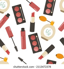 Seamless pattern with women's decorative makeup cosmetics. Lipstick, eye shadow, brush, mascara, perfume. Vector background for printing on paper, fabric, packaging.