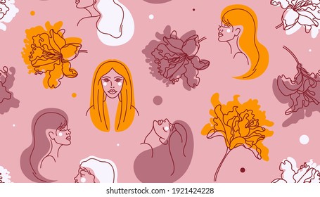 Seamless pattern with womens faces and flowers. Prints with portraits on the topic of cosmetology, hairdressing, medicine. Vector illustration in line and spot style.