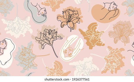 Seamless pattern with womens faces and flowers. Prints with portraits on the topic of cosmetology, hairdressing, medicine. Vector illustration in line and spot style.