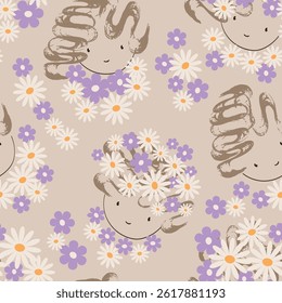 Seamless pattern of women's faces with flowers instead of hair. Delicate seamless print for wallpapers, textile or wrapping paper on mocha background. Hand drawn design elements.