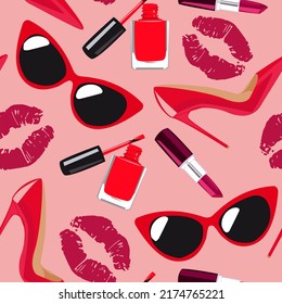 Seamless pattern with women's fashion accessories: handbag, shoe, lipstick, mascara, sunglasses, heels