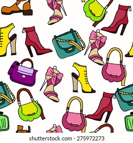 Seamless pattern of women's fashion handbags and shoes