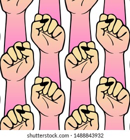 Seamless pattern with women's or girl's clenched fists raised up isolated on white background. Gender equality, feminist vector wallpaper.