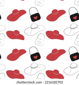 Seamless pattern from Womens handbag and Stylized red and outline hat. Abstract background. Isolate