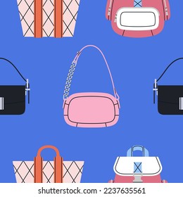 Seamless pattern with women's handbags and backpack. Cute style, nice colors. Fashion, parties and lifestyle concept. Hand drawn vector illustration. Print, fabric, wrapping paper etc.