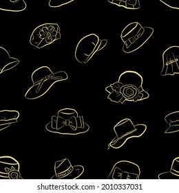 Nahtloses Muster mit Frauenhüten auf schwarzem Hintergrund. Set von Mode-Doodles von Kleidung und Schuhen. Handgezeichneter Online-Modehandel. Modeskizzen. Der lockere Stil. Kleider-Skizzen.