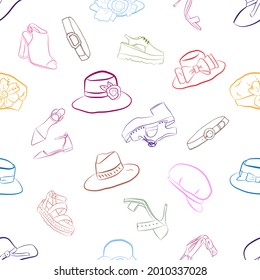 Nahtloses Muster mit Frauenhüten und Schuhen. Handgezeichneter Online-Modehandel. Modeskizzen. Der lockere Stil. Kleider-Skizzen.