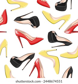 Nahtloses Muster von Damen High-Heels Schuhe rot, gelb, schwarz auf weißem Hintergrund. Vektorgrafik-Muster von Damenschuhen.