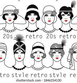 seamless pattern women's image in the style the 20s the last century  eight different images drawn and contour  lettering retro style the 20s  stock vector illustration  EPS 10 