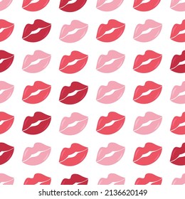 Patrón sin foco con huellas de labios de las mujeres para el Día de San Valentín. Impresión de lápiz labial para el Día de los Besos. Imagen vectorial en un diseño plano.