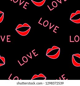 Seamless pattern of women's lips and inscriptions of love on the fabric, workpiece, etc.