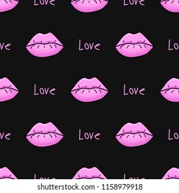 Seamless pattern with womens lips with pink lipstick on black background. Trendy illustration